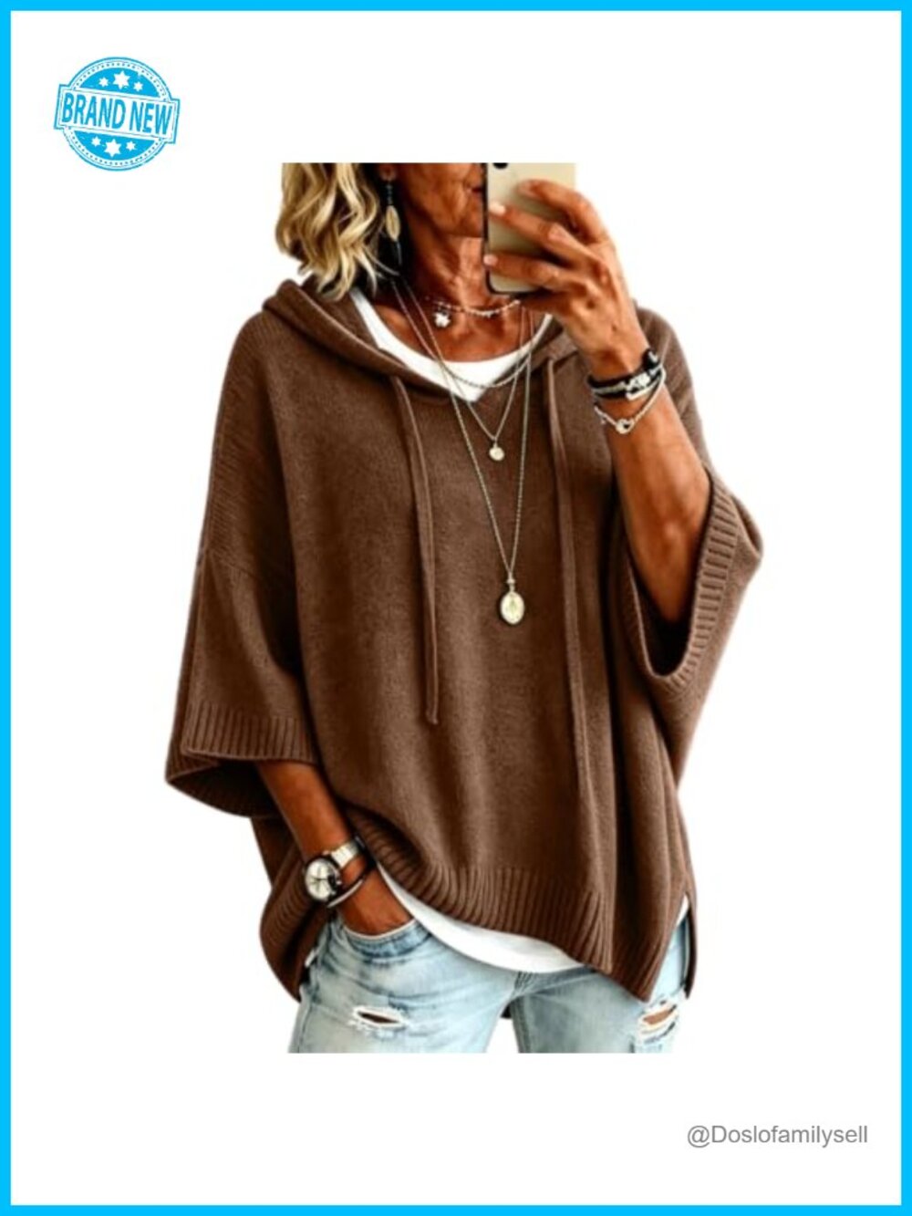 Hooded Sweater Women Loose 3/4 Batwing Sleeve Knitted Pullover Top